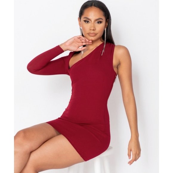 Burgundy Long Sleeve One Shoulder Bodycon Mini Dress - Picture 4 of 8